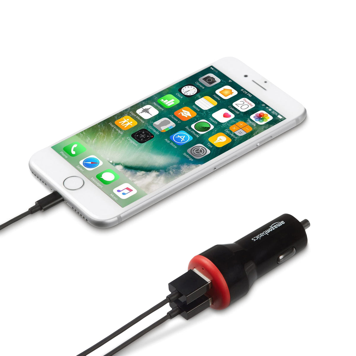 Amazon Basics 24W Dual USB Car Charger for Phones, 2-Port USB-A with LED Indicator, Small Size, Low Profile, Compatible with iPhone 16/15/14/13/12/11/X, Samsung, and more, Black/Red