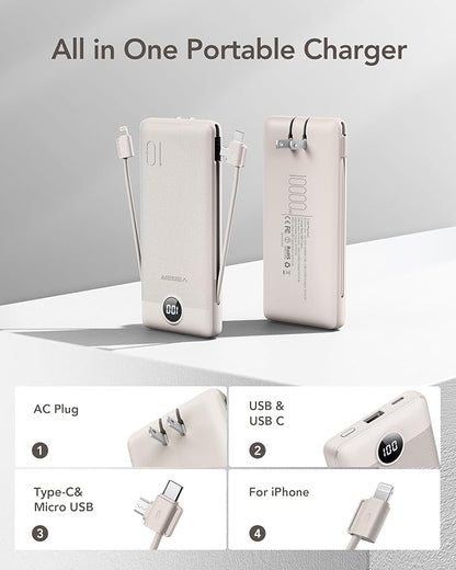 VEGER Portable Charger for iPhone with Built in Cables and Wall Plug, 10000mah Slim Fast Charging USB C Power Bank, Travel Essential Battery Pack Compatible with iPhone, iPad, Samsung etc(Coffee)