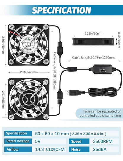 AmRunJe 60mm USB Cooling Fan 2PCS, 5V Brushless DC Fans with Variable Speed