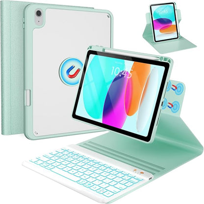 BLUTLOTUS for iPad 11th (A16) 10th Generation Case with Keyboard (2025/2022) - 360° Rotatable Magnetic Folio Cover, 7 Color Backlit Detachable Keyboard with Pencil Holder(Green)