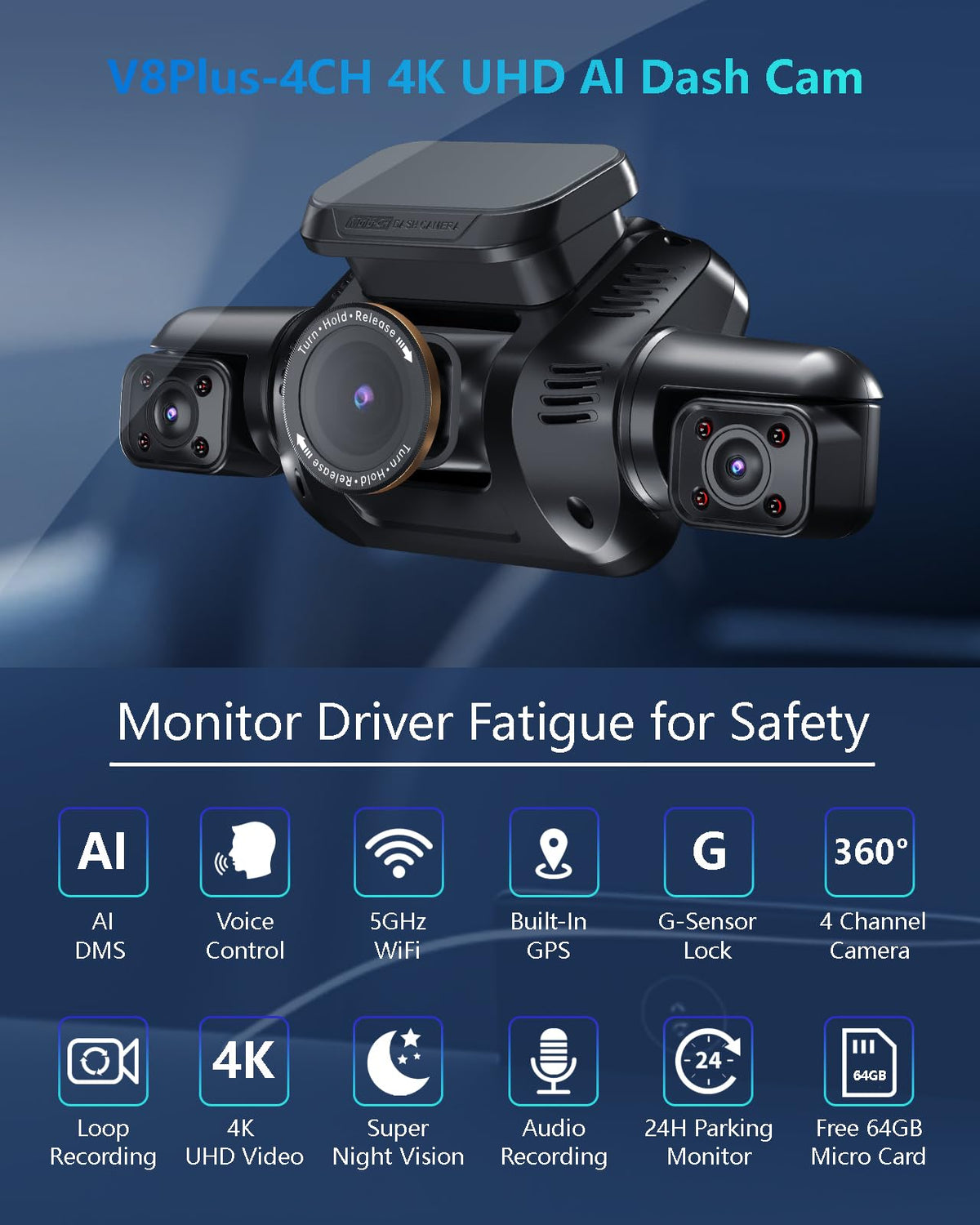 HUPEJOS AI 4K Dash Cam Front and Rear, 4 Channel 360° View Camera for Car