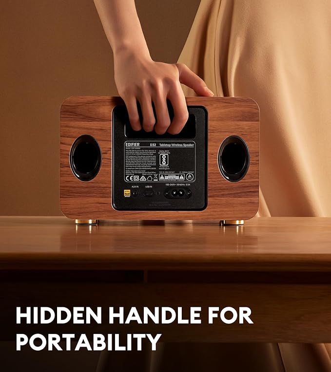 Edifier D32 Tabletop Wireless Speaker, Hi-Res Audio, LDAC, ALAC, 60W (RMS), 2.1 Acoustic Architecture, 11h Playtime, APP Control, Bluetooth 5.3, AirPlay2, USB-C and AUX Inputs, Brown