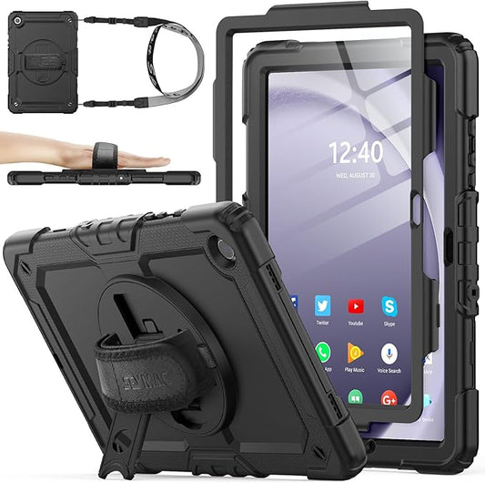 SEYMAC stock Case for Samsung Galaxy Tab A11+ Plus/A9+ Plus 11'', Full-Body Drop Protection Case with Screen Protector Pencil Holder [360° Rotating Hand Strap] &Stand - Black