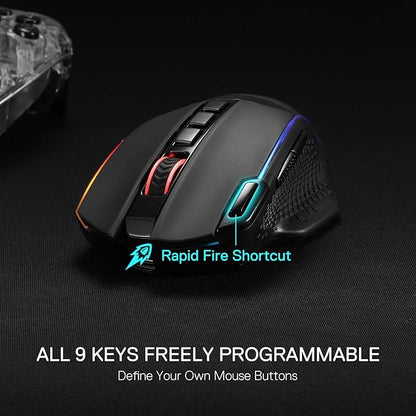 Redragon M991 Wireless Gaming Mouse, 26000 DPI 3-Mode Gamer Mice w/Rapid Fire Key, 9 Macro Buttons, Powerful Capacity and RGB Backlight for PC/Mac/Laptop, Black