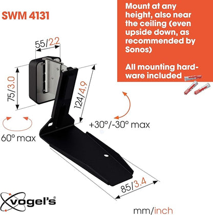Vogel's SWM 4131 Speaker Wall Bracket for Sonos ERA 300, Max. 11 lbs (5 kg), Tiltable -30º/+30º, Swivels up to 60º (Left/Right), Black, 1 Bracket