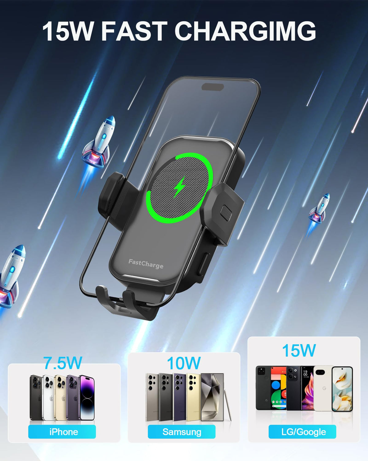 JUSAKA Wireless Car Charger,15W Fast Charging Auto Clamping Phone Holders for Your Car Compatible with iPhone 16/15/14/13, for Samsung Galaxy S24 Ultra S23 S22 S21, S20, S10+ (Black)