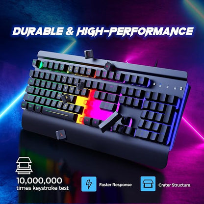 RisoPhy Gaming Keyboard, 104 Keys All-Metal Panel, Rainbow LED Backlit Silent Computer Keyboard, Wrist Rest, Multimedia Keys, Anti-Ghosting, Waterproof Light Up Wired Keyboard for PC Mac Gamer