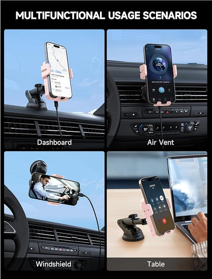 MOKPR Wireless Car Charger, 15W Auto Clamping Car Charger Dash Windshield Air Vent Phone Holder Compatible with iPhone 16 15 14/13/13 Pro/12 pro/12/11/X/8, Samsung S24/S23/S22, Pink