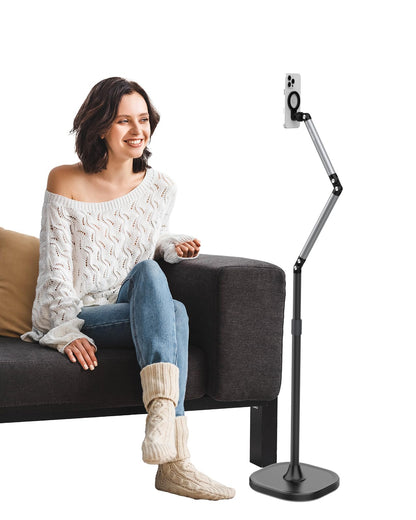 TELESIN° Magnetic Phone Tablet Floor Stand, Aluminum Alloy Phone Holder Stand for Video Recording, Overhead Bed/Sofa Phone Mount Height Adjustable Ultra Stable Base for Magsafe/iPhone/Android/iPad