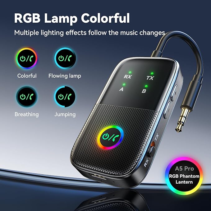 A5 Pro Bluetooth Transmitter Receiver,2-in-1 Airplane Bluetooth Adapter for Airplanes,TVs,Gyms,Supports Connecting 2 AirPods/Headphones,Low Latency and HD for Car/Home Stereo