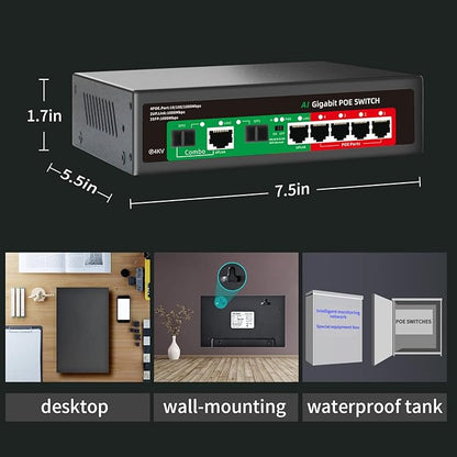 STEAMEMO 8 Port Gigabit Ethernet Unmanaged PoE Switch, 4 Gigabit PoE+ @65W Built-in Power, 2 Uplink Gigabit Port + 2 SFP Slot, VLAN Mode, 802.3af/at, Desktop/Wall-Mount, Plug & Play