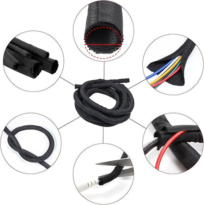 Black Braided Cable Management Sleeves Wire Loom Tubing Cord Protector Self-Wrapping (3/4"-20feet)