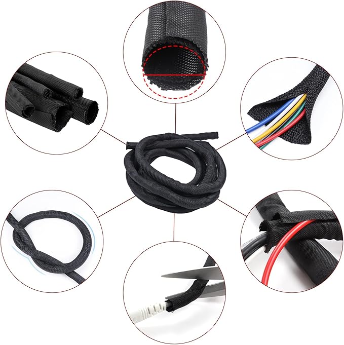 Black Braided Cable Management Sleeves Wire Loom Tubing Cord Protector Self-Wrapping (3/4"-12Feet)