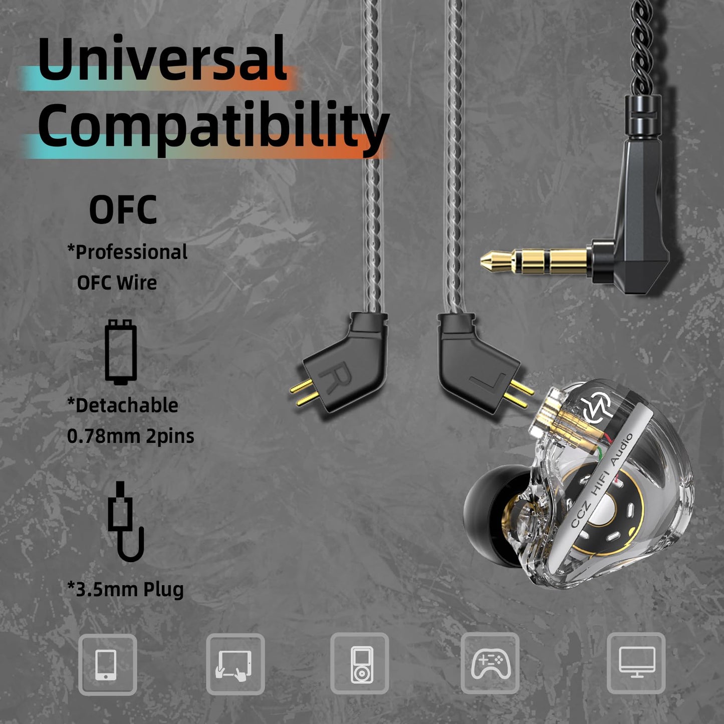 CCZ DC01 Pro Gaming Earbuds, Professional iems for Gaming, Super Bass in Ear Monitor Headphone Wired Earphones with 1DD, Patent Ear fins, Ear tips, for School Student Laptop Podcaster (black with mic)