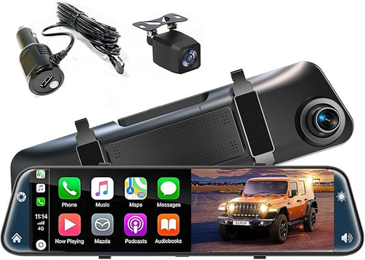 12" Rear View Mirror Camera with Carplay&Android Auto 4K Mirror Dash Cam