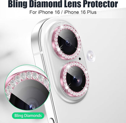 AGVEE 3+3 6 Pack for iPhone 16 6.1" / 16 Plus 6.7" Camera Lens Cover Protector, Bling Diamond & Bling Glitter Metal Ring 9H Tempered HD Glass Camera Cover Protector Film, Bling-Pink