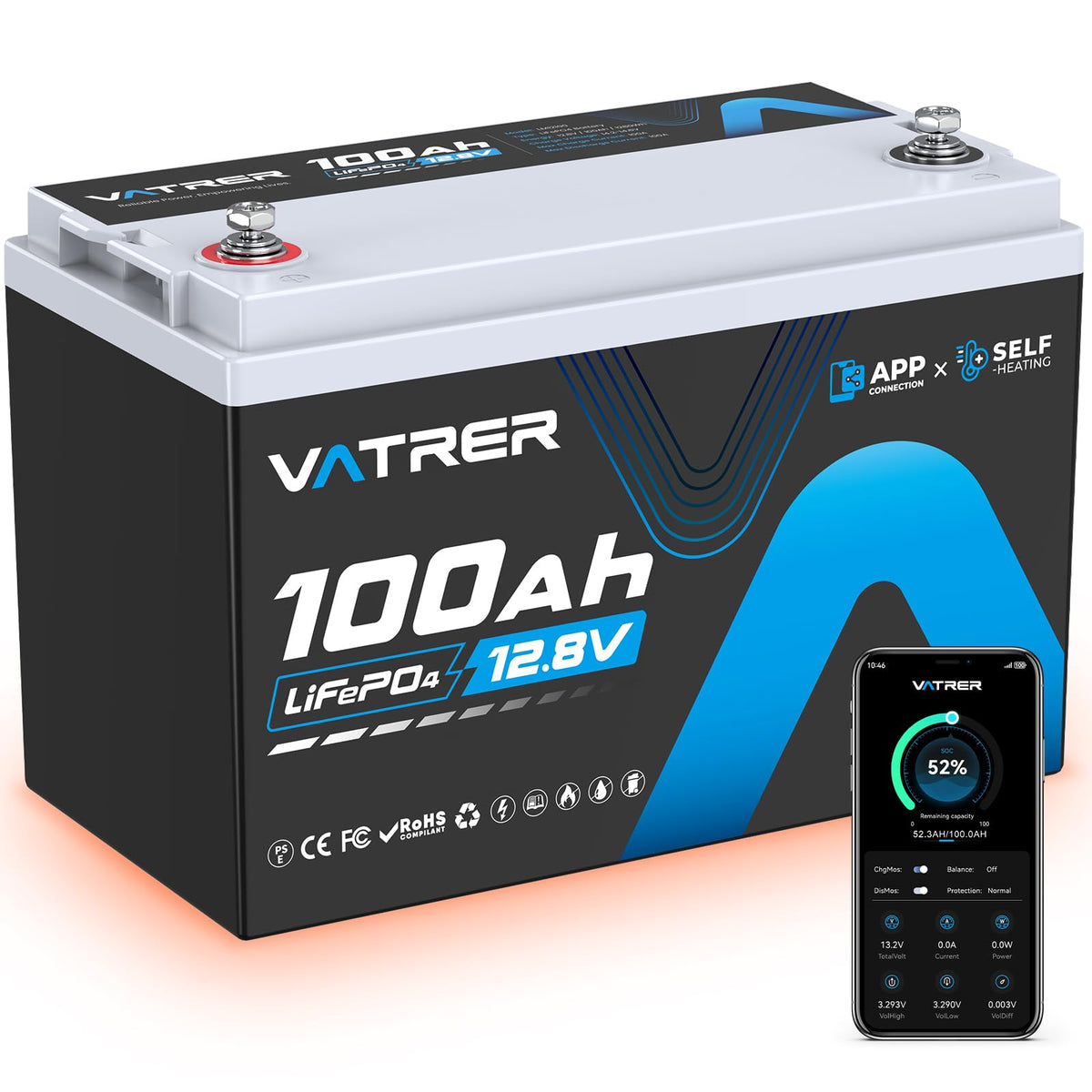 12V 300AH LiFePO4 Lithium Battery with Self-Heating&APP Monitoring, Built-in 200A BMS, Support Low Temp Charging(-4°F),5000+ Cycles, Max 2560W Power, Perfect for RV/Camper, Off-Grid Applications, etc.
