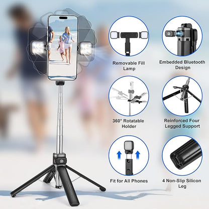 MQOUNY Mini iPhone Tripod Stand & Selfie Stick with Wireless Remote & Removable Light, Extendable Stand 360 Rotation Compatible with iPhone & Android Samsung (Black)