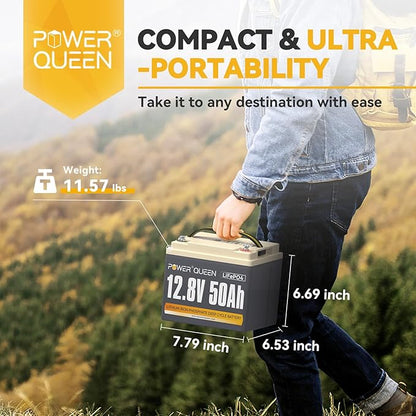 Power Queen 12.8V 50Ah LiFePO4 Battery with 14.6V 10A LiFePO4 Battery Charger; Built-in 50A BMS, Fast and Fully Charged, 15000+ Cycles, Perfect for Kayak, RV, Trailer, Solar Application