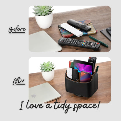 Lorteme Remote Control Holder, Spinning Desk Organizer, Nightstand Bedside Caddy for TV Remotes/Tablets/Phones/Eyeglasses/Books/Pens - Black