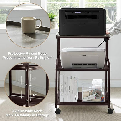 Lauren&Harold 34'' Printer Stand with Power Outlets & USB Ports, 3-Tier Adjustable Rolling Cart, Heavy Duty 150LBS Storage Table with Wheels for Office, Kitchen, Living Room, Bronze