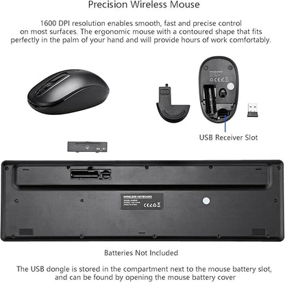 Wireless Keyboard and Mouse Combo, 2.4G Silent Cordless Keyboard Mouse Combo for Windows Chrome Laptop Computer PC Desktop, 106 Keys Full Size with Number Pad, 1600 DPI Optical Mouse (Black)