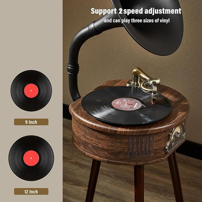 Gramophone Record Player，Italian Style Gramophone Vinyl Record Player with Control/Bluetooth/USB/FM Vintage Record Players Turntables 2 Speed(33/45), Hi-Fi, Classic Tripod Retro Wooden Design