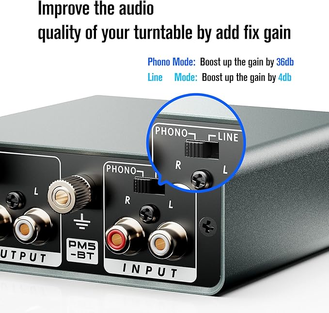 Bluetooth Phono Turntable Preamp, Phonograph Preamplifier with RCA Input, RCA/Bluetooth Output, Phono Preamp for Vinyl Record Player with Phono and Line Level Output Switch Audio Receiver