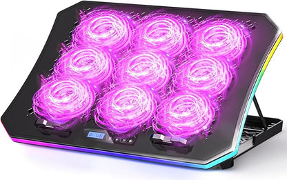 KeiBn Laptop Cooling Pad, Gaming Laptop Fan Cooling Pad with 9 Quiet Fans, RGB Laptop Cooler for 15.6-17.3 Inch, Cooling Pad for Laptop with 7 Height Stands, 2 USB Ports, Phone Stand-Purple