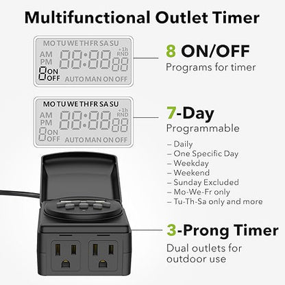 BN-LINK 7 Day Outdoor Heavy Duty Digital Programmable Timer, Outdoor Timer Outlet Waterproof, 2 Grounded Electrical Outlets for Christmas Lights, ETL Listed（2 Pack）