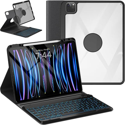 OYEEICE Keyboard Case for iPad Pro 12.9 inch 6th Gen 2022, 5th 2021, 4th 2020, Rotating Detachable Clear Cover with 7 Colorful Backlit Keyboard Wireless, Pencil Holder, Auto Wake/Sleep - Black