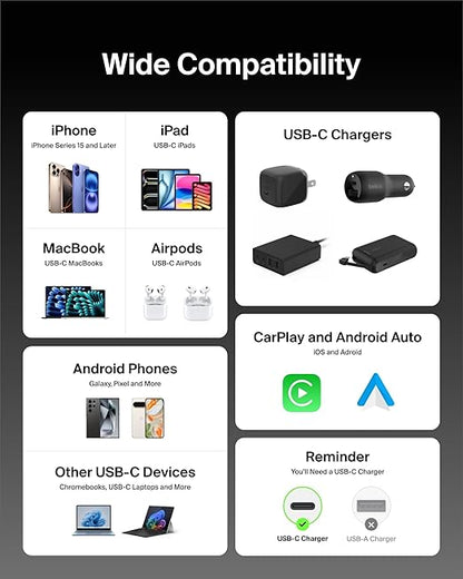 Belkin USB C to USB C Cable 2-Pack, 6.6ft, 60W - Type C Charger, iPhone Charger Cord, Soft, Braided, Flexible for iPhone 16, Galaxy S25, Pixel 9, Airpods, iPad Pro & More, Travel Essentials - Black