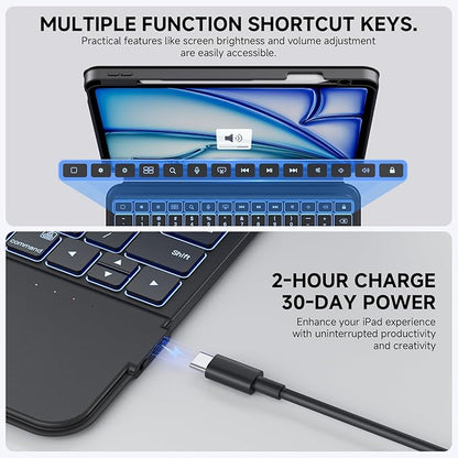 ONLY fit for 2024 M4 iPad Pro 11 inch Case with Keyboard Detachable Magic Keyboard Trackpad, 360 Rotating Cover with Pencil Holder Multi Angle Stand, 12 Shortcut Key, 7 Color Backlit, Black