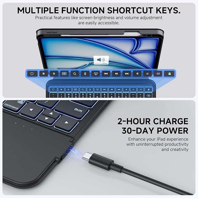 ONLY fit for iPad 12.9 inch Pro 6/5/4/3rd Gen & 13 inch iPad Air (2025 M3, 2024 M2) Case with Detachable Keyboard Trackpad, 360 Rotate Cover Pencil Holder 12 Shortcut Key 7 Color Backlit, Black