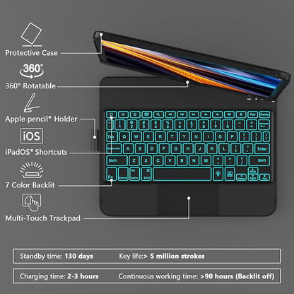 HOTLIFE for iPad A16 11th Generation/10th Generation Case with Keyboard,Touch Keyboard for iPad 11" /10th Gen 10.9 inch 2022-10 Color Backlight, 360° Rotatable Protective Cover (Black)