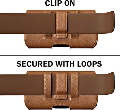 DeBin Case for Large iPhone Plus, Pro Max Cell Phones, Samsung Galaxy S24+ Plus 5G to S10+ Plus Smartphones – Cellphone Belt Holder Clip Holster Carry Pouch Man Women (Fits Phone with Case on) Brown