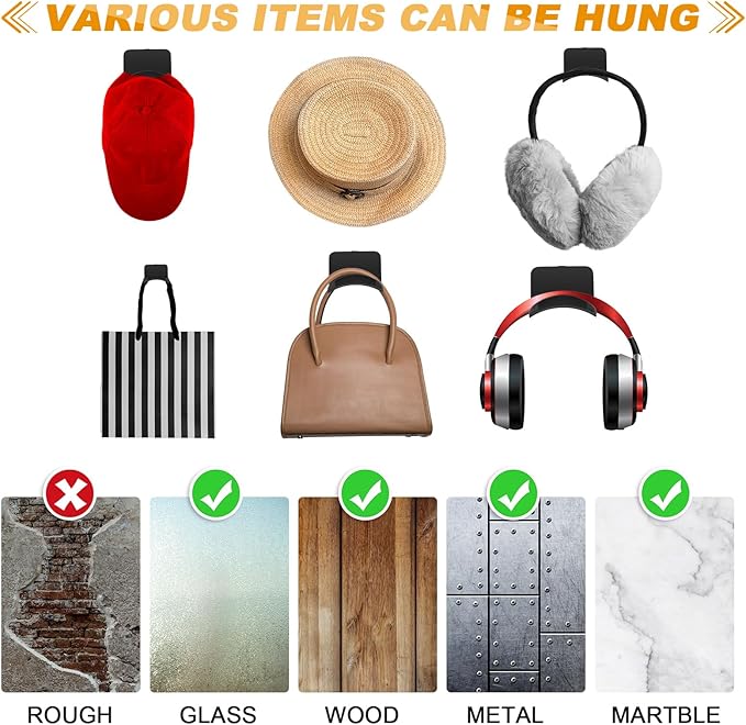 12 Pcs Headphone Wall Hangers Adhesive Gaming Headset Holder Hooks for Wall Mount Strong Universal Stand Hooks for Most Headphone Controller, Hat, Baseball Caps, Closet, Door (Black)