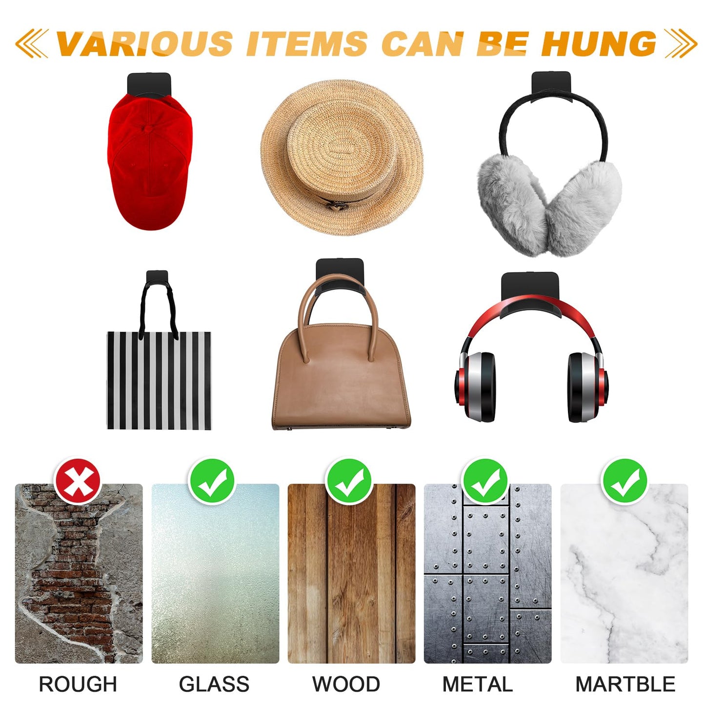 Wonderjune 60 Pcs Headphone Wall Hangers Adhesive Gaming Headset Holder Hooks for Wall Mount Strong Universal Stand Hooks for Most Headphone Controller, Hat, Baseball Caps, Door, Closet (Black)