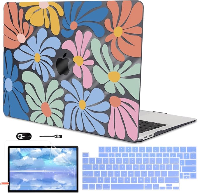 for MacBook Pro 13 inch Case 2022 2021-2016 Release A2338 M2/M1 A2251 A2289 A2159 A1989 A1706 Touch Bar, Pattern Plastic Hard Shell & Keyboard Cover & Screen Film, Colorful Flowers Black