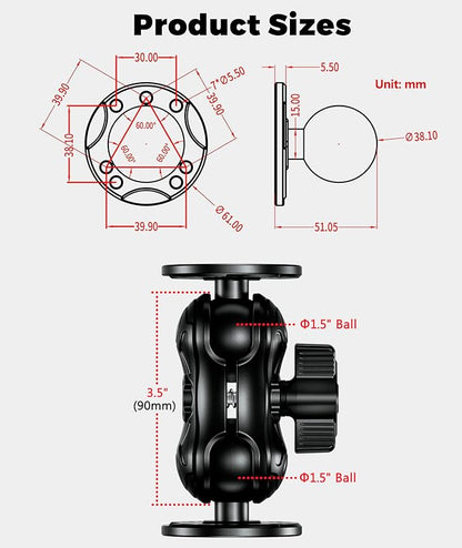Aluminum Alloy Fish Finder Mount with 1.5" Ball AMPS Hole Round Plates, 3.5" Short Arm Marine Electronic Mount Tablet Holder for Garmin, Lowrance, Humminbird, Raymarine and More
