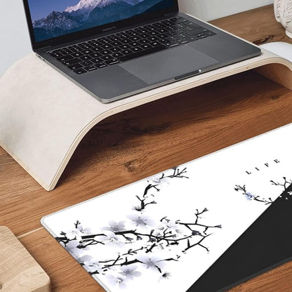 Japanese Life Death Keyboard Mat, Black White Japanese Anime Gaming Mouse Pad for Desk with Anti-Slip Rubber Base and Stitched Edges, Japanese Sakura Pagoda Sun Mouse Pad