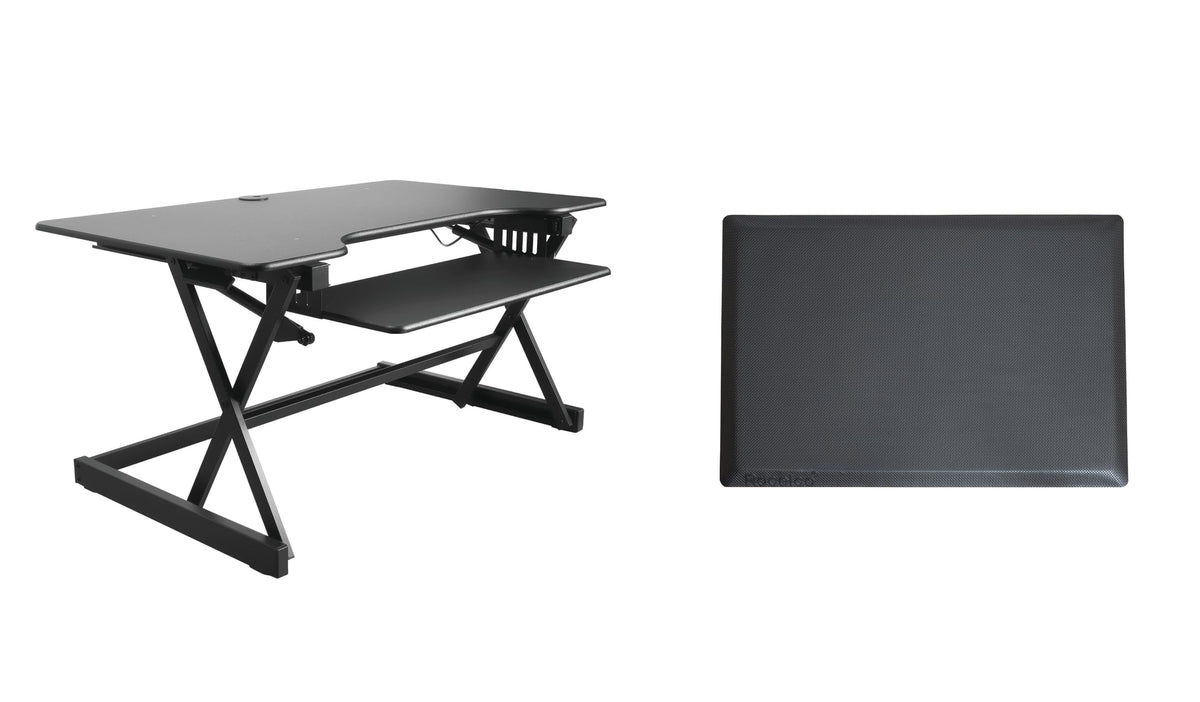 Rocelco 32" Height Adjustable Standing Desk Converter - Sit Stand Computer Workstation Riser - Dual Monitor Retractable Keyboard Tray Gas Spring Assist - Black (R EADRB2)