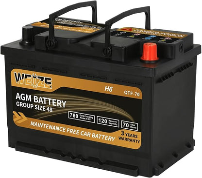 Weize Platinum AGM Battery BCI Group 48-12v 70ah H6 Size 48 Automotive Battery, 120RC, 760CCA, 36 Months Warranty, Dimensions 10.94" L x 6.89" W x 7.48" H