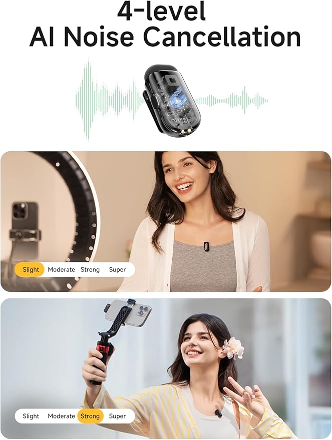 MAONO WAVE T1 Mini Wireless Lavalier Microphone for iPhone Android Tablet PC with Noise Cancellation, AI Voice Filter, 30H Used with Charging Case, USB-C/Lightning Plug for Video Recording Vlog TikTok