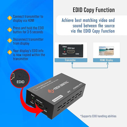 J-Tech Digital HDMI Extender 1080P 60Hz Over Single CAT 5e/6/7 PoC (Power Over Cable) up to 165ft, Deep Color EDID Copy Zero Signal Loss [JTD-HDEX-1PV2]