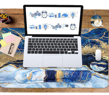 4-in-1 Large Gaming Mouse Pad, Keyboard Wrist Rest Pad & Wrist Support Mousepad Set, Extended Desk Pad Waterproof Desk Mat for Home Office Study Game - Blue Gold Marble