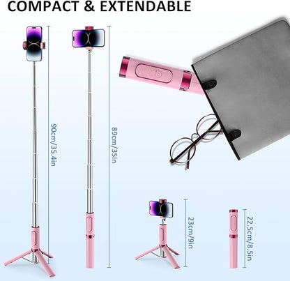 Selfie Stick Tripod, Foldable Cellphone Tripod with Remote for Group Selfies/Live Streaming/Video Recording, for iPhone Series Android, Pink