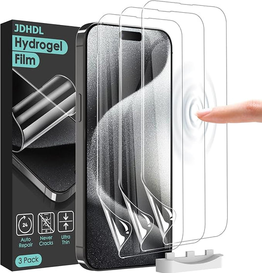 JDHDL Screen Protector [3 Pack Soft Hydrogel Film for iPhone 15 Pro/15, Upgraded Non-breakable Flexible TPU]
