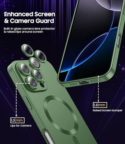 Magnetic for iPhone 16 Pro Max Case [Compatible with MagSafe][Built-in Camera Lens Protector] Slim Soft Silicone Bumper Shockproof Metallic Luster Phone Case (Green)