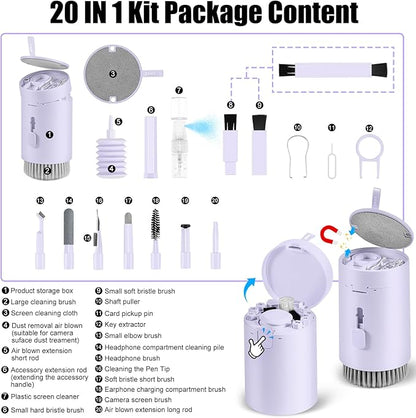 Laptop Phone Screen Cleaner Kit, Computer Keyboard Brush Cleaning Spray for iPhone AirPods Macbook iPad, 20-in-1 Electronic Device Clean Tool For Camera PC Monitor Earbud TV Tablet Car Screens- Purple